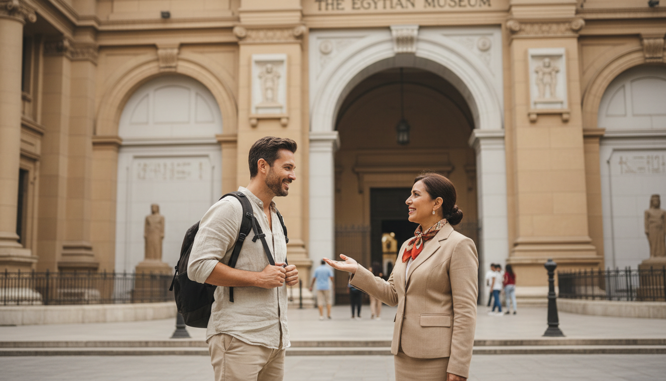 Local guides provide an essential layer of security and cultural navigation for soloists. A professional Egyptian guide welcoming a traveler at the entrance of the Egyptian Museum with a friendly gesture.