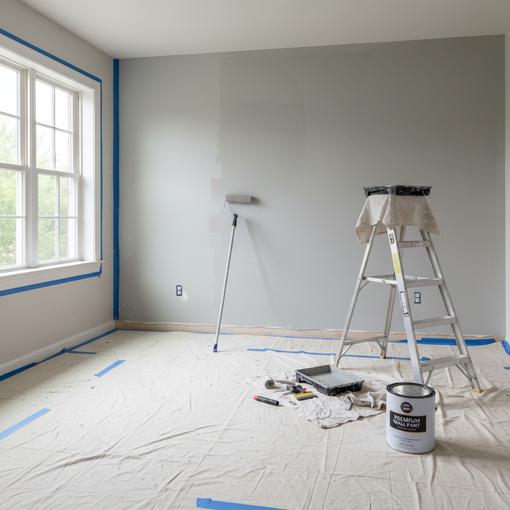 Thorough preparation and site protection are included in every professional interior quote. An empty room mid-project showing drop cloths, painter's tape on trim, and organized work supplies.