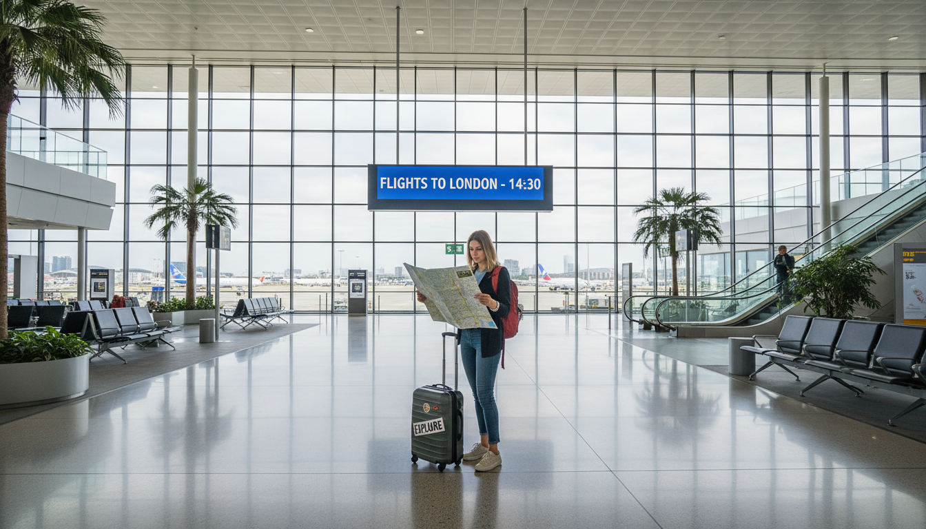 Direct flights from Hyderabad make reaching India's best wellness retreats effortless. A traveler at a modern airport terminal looking at a map with luggage nearby.