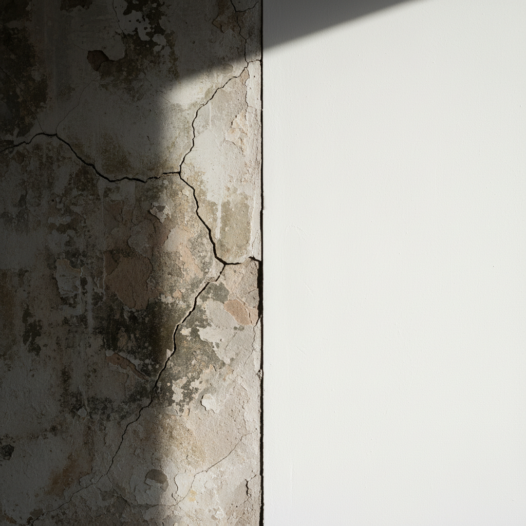 Traditional lime plastering transforms damaged surfaces while allowing the building to breathe naturally. Before and after comparison of a damaged plaster wall versus a smooth, professionally finished lime plaster surface.