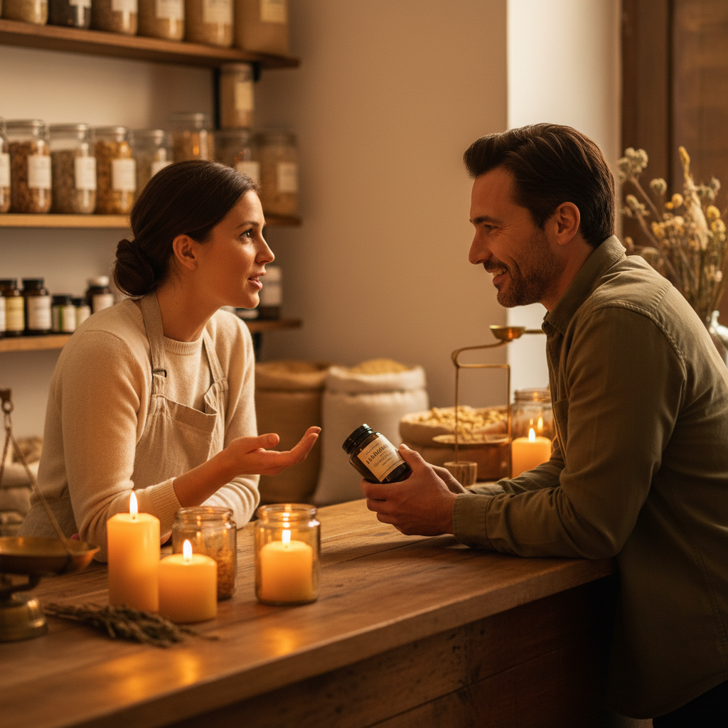 Our team helps you navigate the complex world of supplement synergies like Vitamin D3 and K2. Staff member at a nutrition store engaging in a helpful conversation with a customer about product labels.