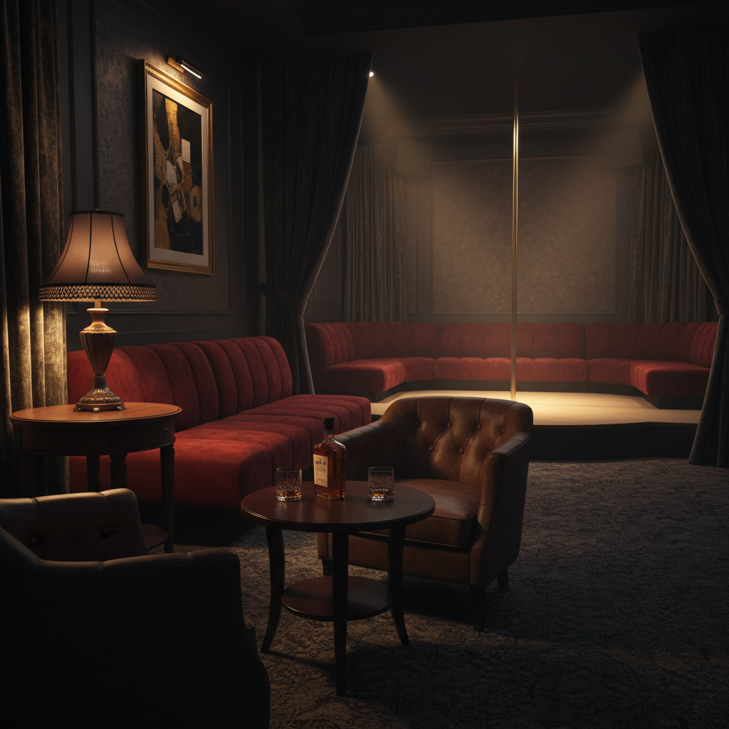 Ambienti raffinati e riservati per chi cerca il meglio della vita notturna catalana. Area lounge VIP intima e lussuosa all'interno di uno strip club di alto livello.