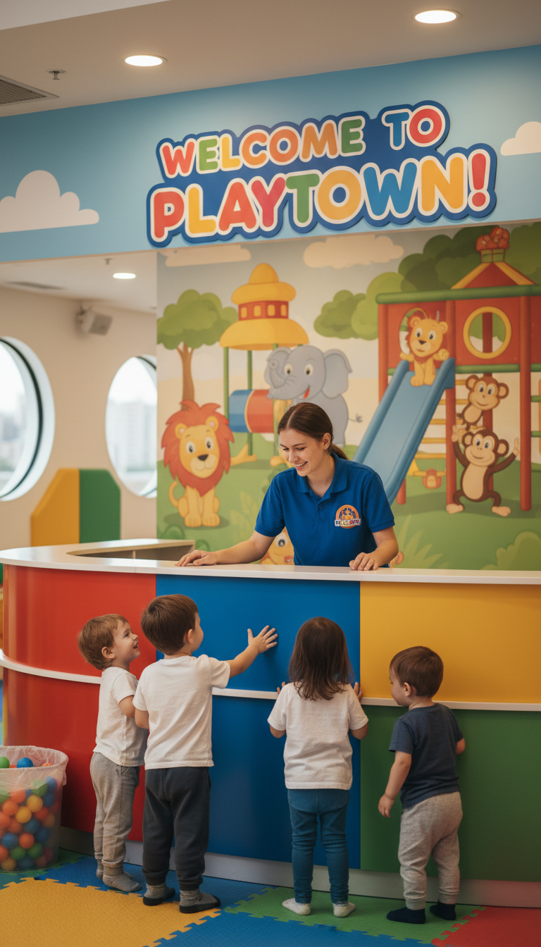 Booking early ensures a smooth greeting and organized start to your celebration. Friendly staff member in a polo shirt greeting a family at the colorful Lollipops indoor playground front desk.