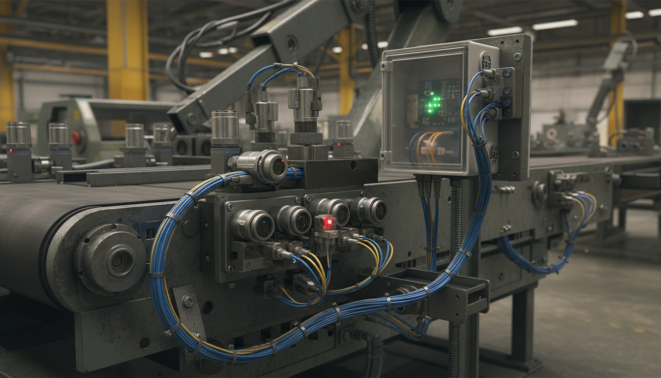 Retrofitting sensors onto existing machinery is a fraction of the cost of new equipment procurement. Close up view of industrial sensors and colored network cables integrated into existing factory machinery.