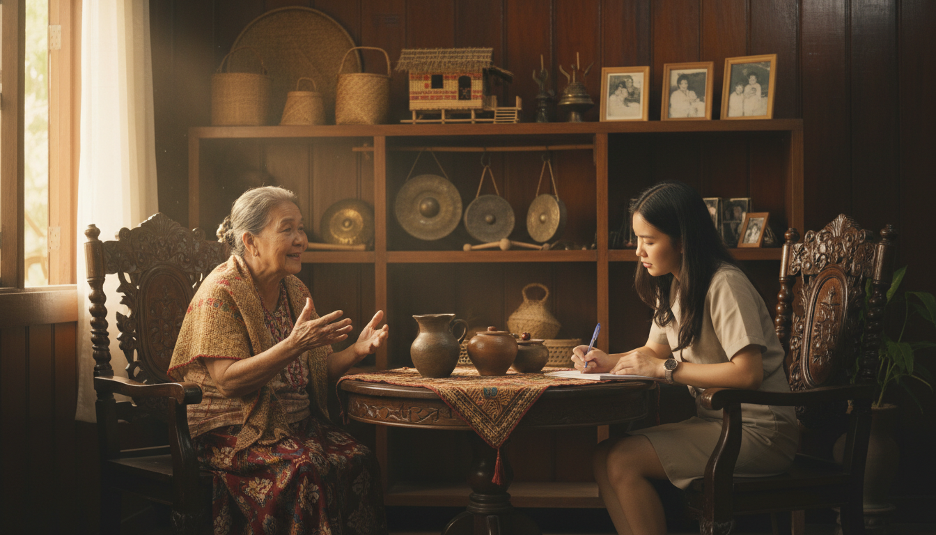 Cultural knowledge transfer is the heartbeat of indigenous intellectual property rights in the Philippines. Elder and student sharing oral history in warm traditional setting in the Philippines.