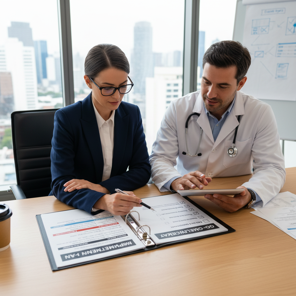 Each revenue stage demands a different set of wealth-building priorities. Business consultant and healthcare clinic manager reviewing a financial milestone timeline and implementation checklist
