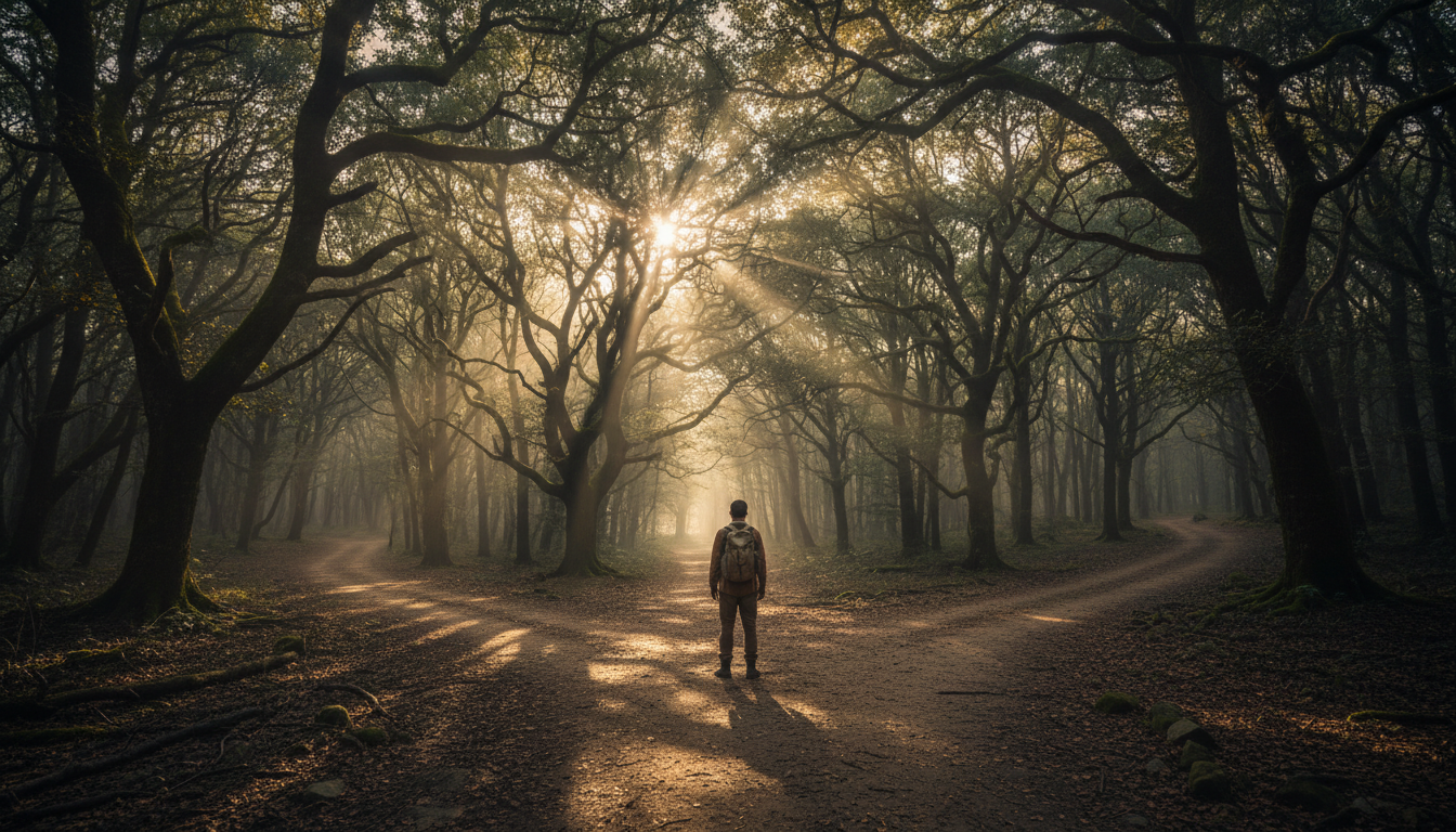 La reprogramación PNL nos permite elegir nuevos caminos neuronales para nuestra salud emocional. Persona en un cruce de caminos en un bosque iluminado por el sol representando la elección de nuevos patrones mentales