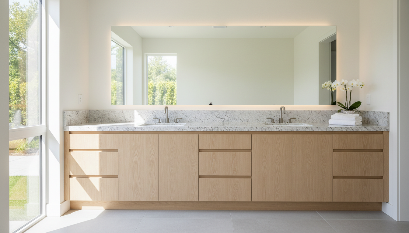 Week 4 sees the major aesthetic components like custom cabinetry come to life. Modern bathroom vanity featuring custom grey cabinetry and a white granite countertop under bright natural light.