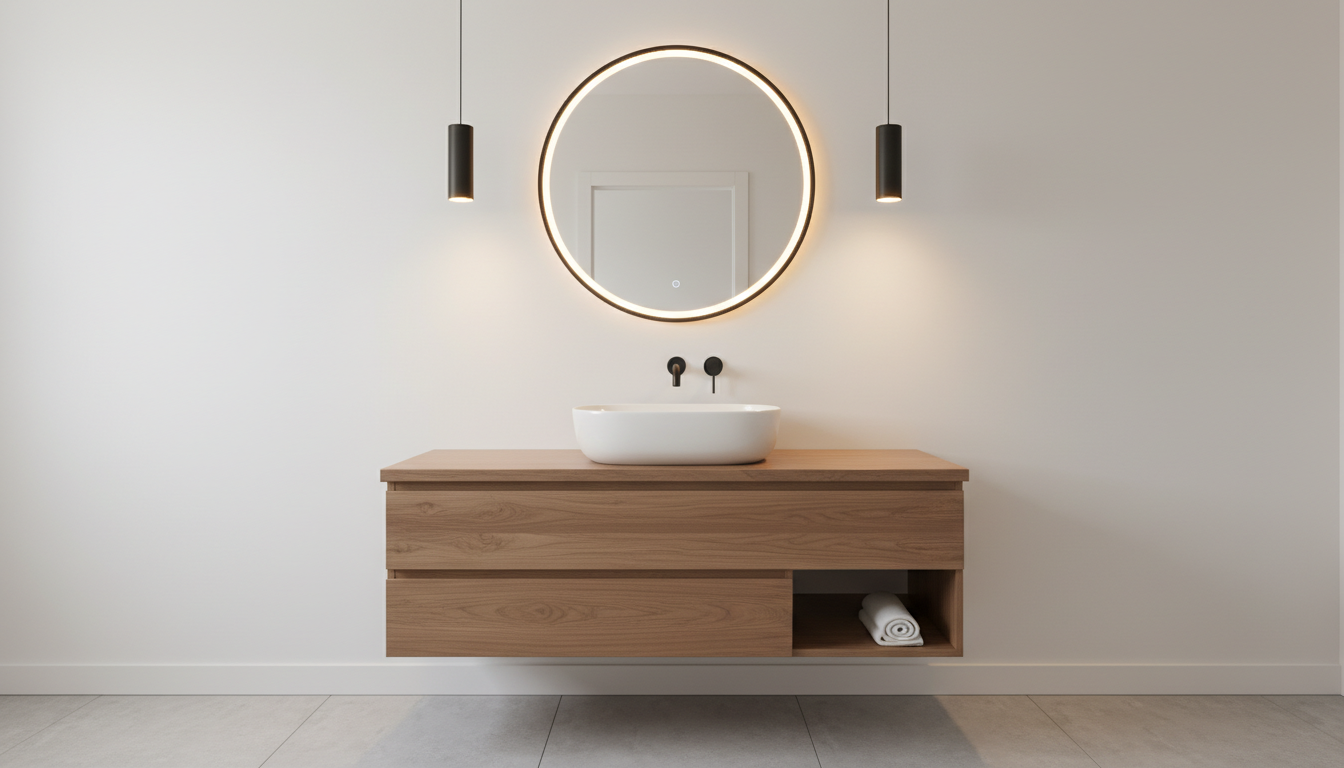 Clean lines and timeless materials like walnut prevent a remodel from looking dated. Modern walnut wood vanity with a vessel sink and matte black fixtures in a guest bathroom.