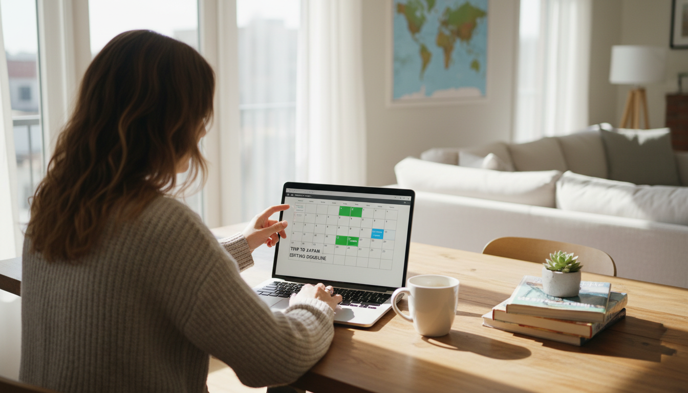 Tracking your absences is crucial to meet the 5 year continuous residence requirement. Person checking a calendar on a laptop to track travel dates and absences from Spain