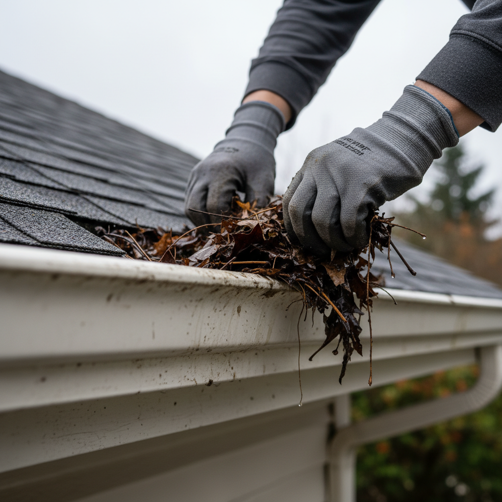 Preventative maintenance like gutter cleaning stops water damage before it starts. Close up of a technician's hands clearing debris and leaves from a residential gutter system.