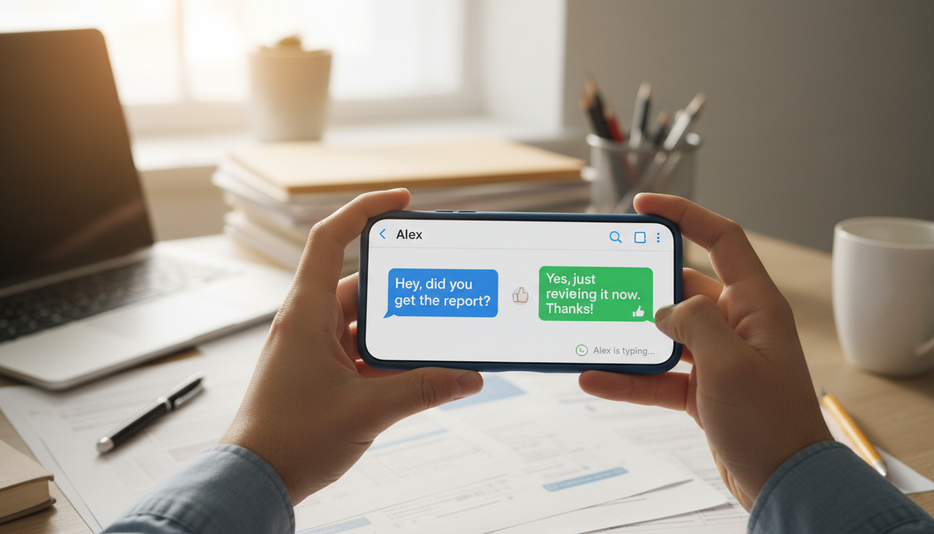 Consultar a expertos vía WhatsApp evita errores costosos en la cadena de legalización. Smartphone mostrando interfaz de chat de WhatsApp junto a documentos de oficina para soporte directo