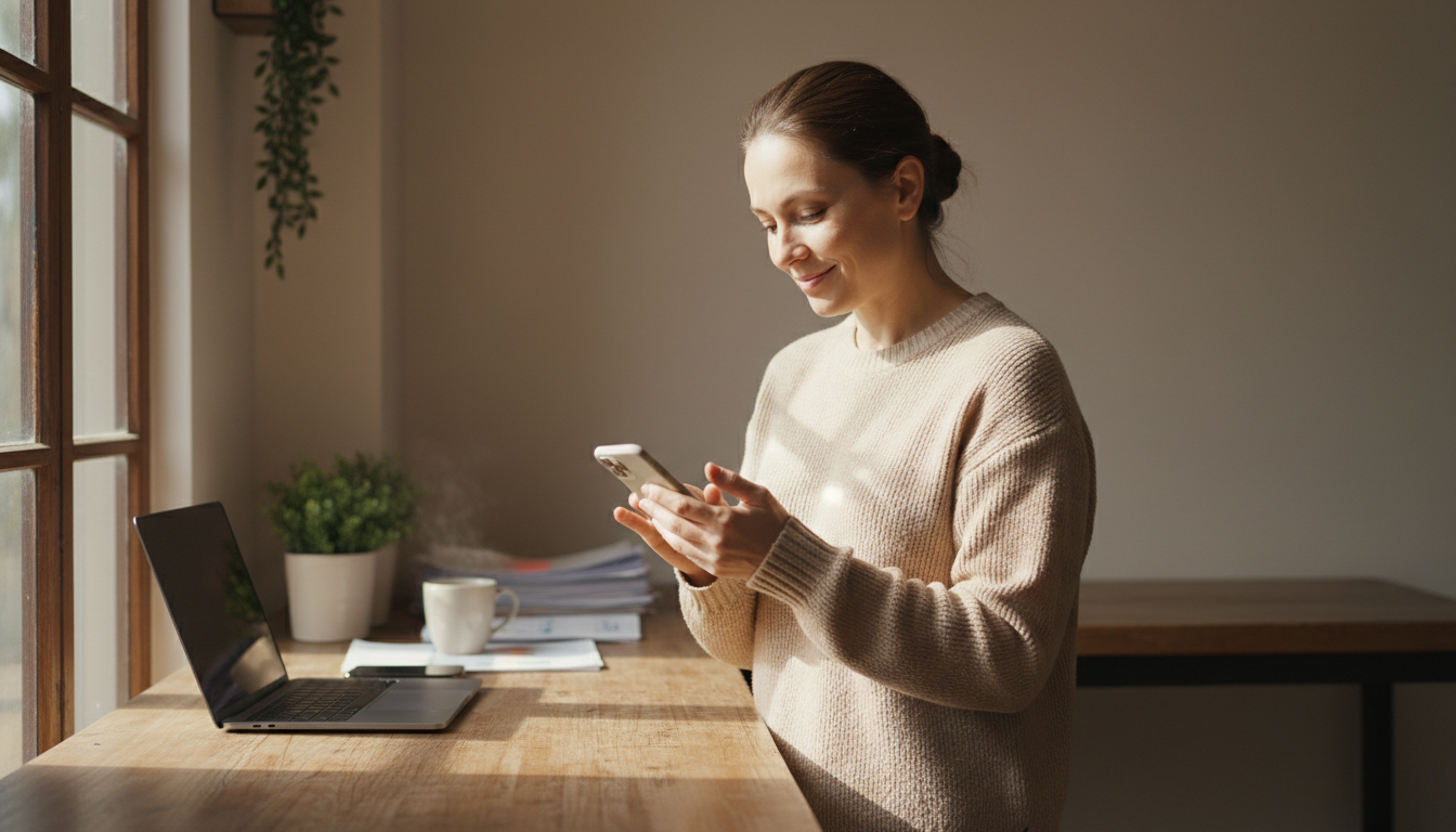 Local specificity helps you win against larger, generic competitors. A Bakersfield small business owner checking local search rankings on their smartphone.