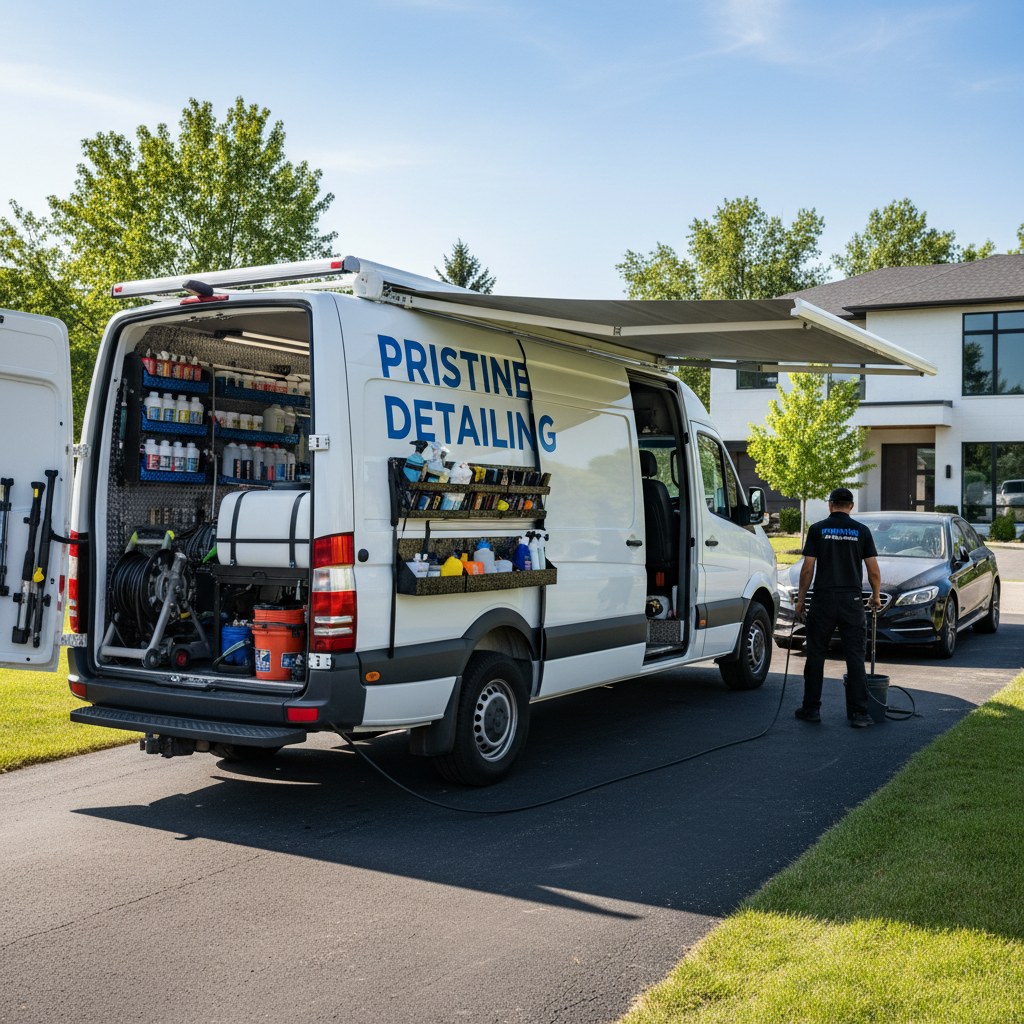 Magic Mike Car Wash brings the detail shop directly to your driveway or parking lot. Mobile detailing van parked at a residential driveway with professional equipment ready for service