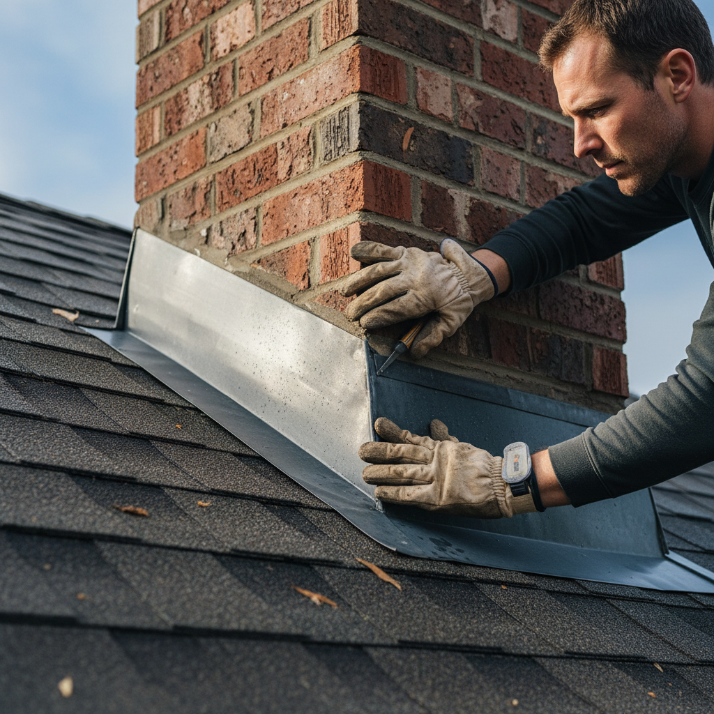 Leaky flashing around chimneys is a frequent source of interior water damage. Close up of a roofer inspecting metal flashing around a residential chimney.