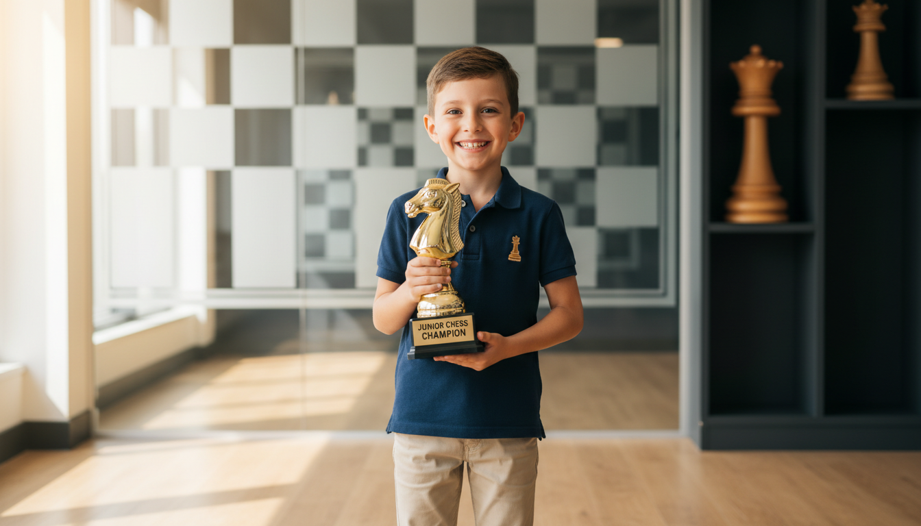 Individual achievement in chess provides a clear confidence boost for children who shy away from team sports. A happy child smiling and holding a chess trophy after a successful tournament.