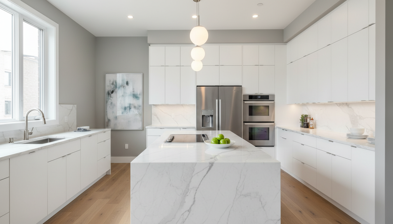 Professional finish carpentry ensures seamless transitions between cabinetry and ceilings. Modern white kitchen cabinets with detailed crown molding and clean finish carpentry lines against a marble countertop.