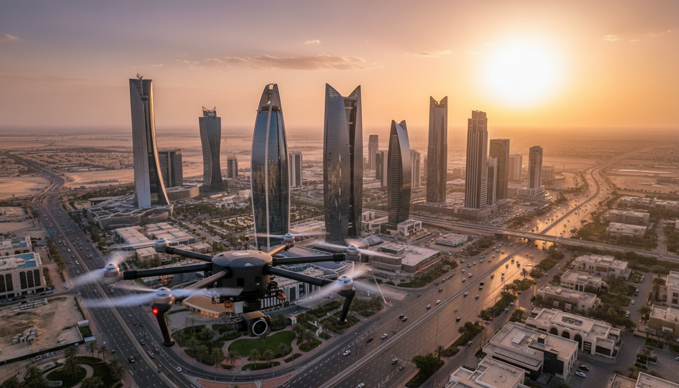 العمليات الجوية فوق المناطق الحضرية تتطلب تراخيص صارمة من GACA لضمان السلامة. طائرة درون احترافية تطير فوق أفق مدينة الرياض الحديثة وقت الغروب