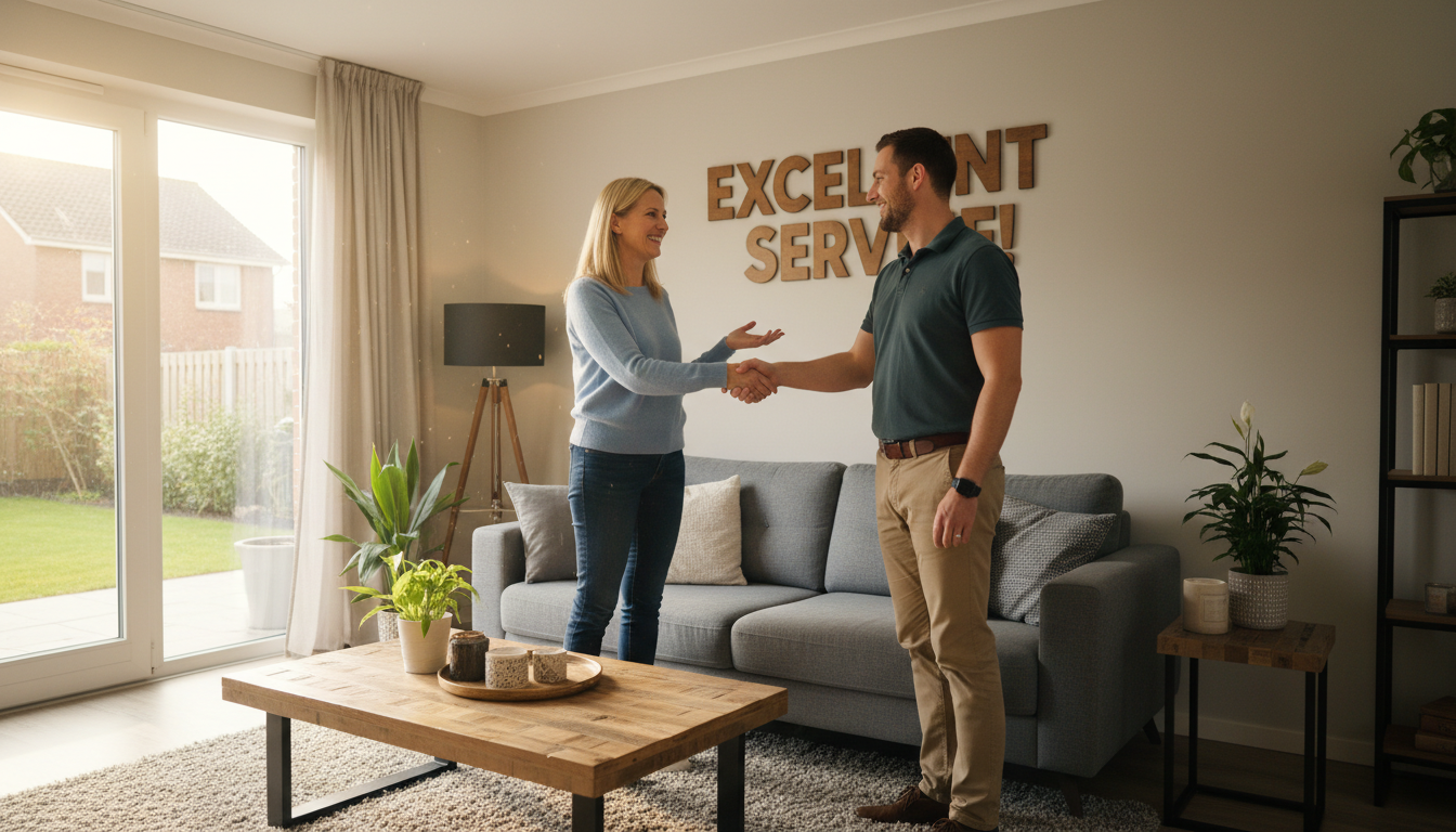 Selling your IKEA furniture shouldn't be stressful: get cash on the spot and walk away. A happy seller and a professional buyer shaking hands after a successful furniture sale in a Doha living room.