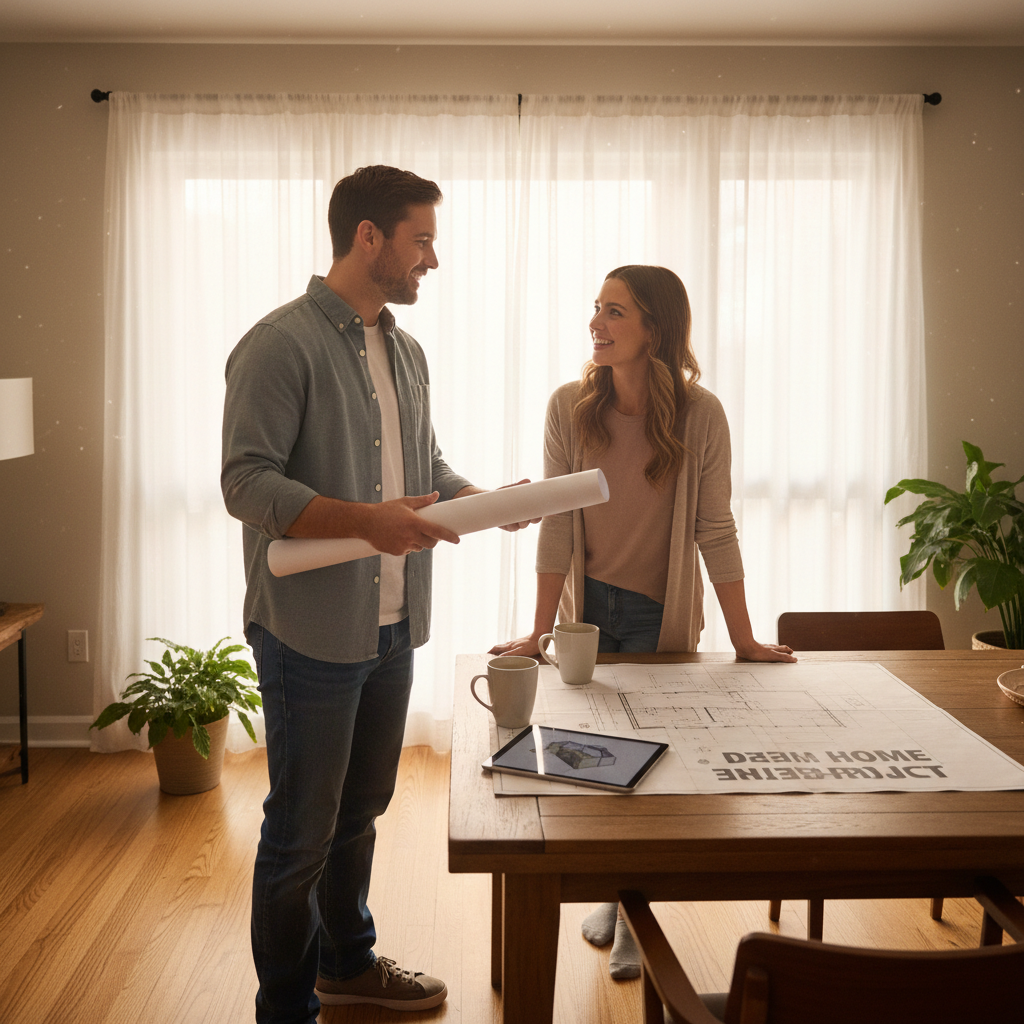 Clear communication during the planning phase prevents costly mistakes later. A contractor and homeowner discussing renovation plans and timelines together.