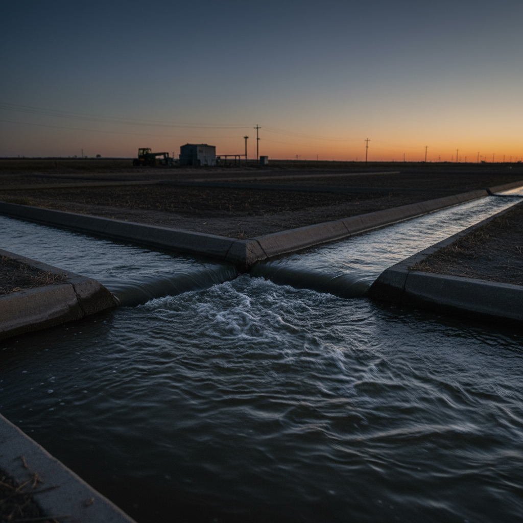 Efficient water management is critical for sustaining productivity in Utah's arid environment. Selective lighting on irrigation water flowing through farmland channels at dusk in Box Elder County.
