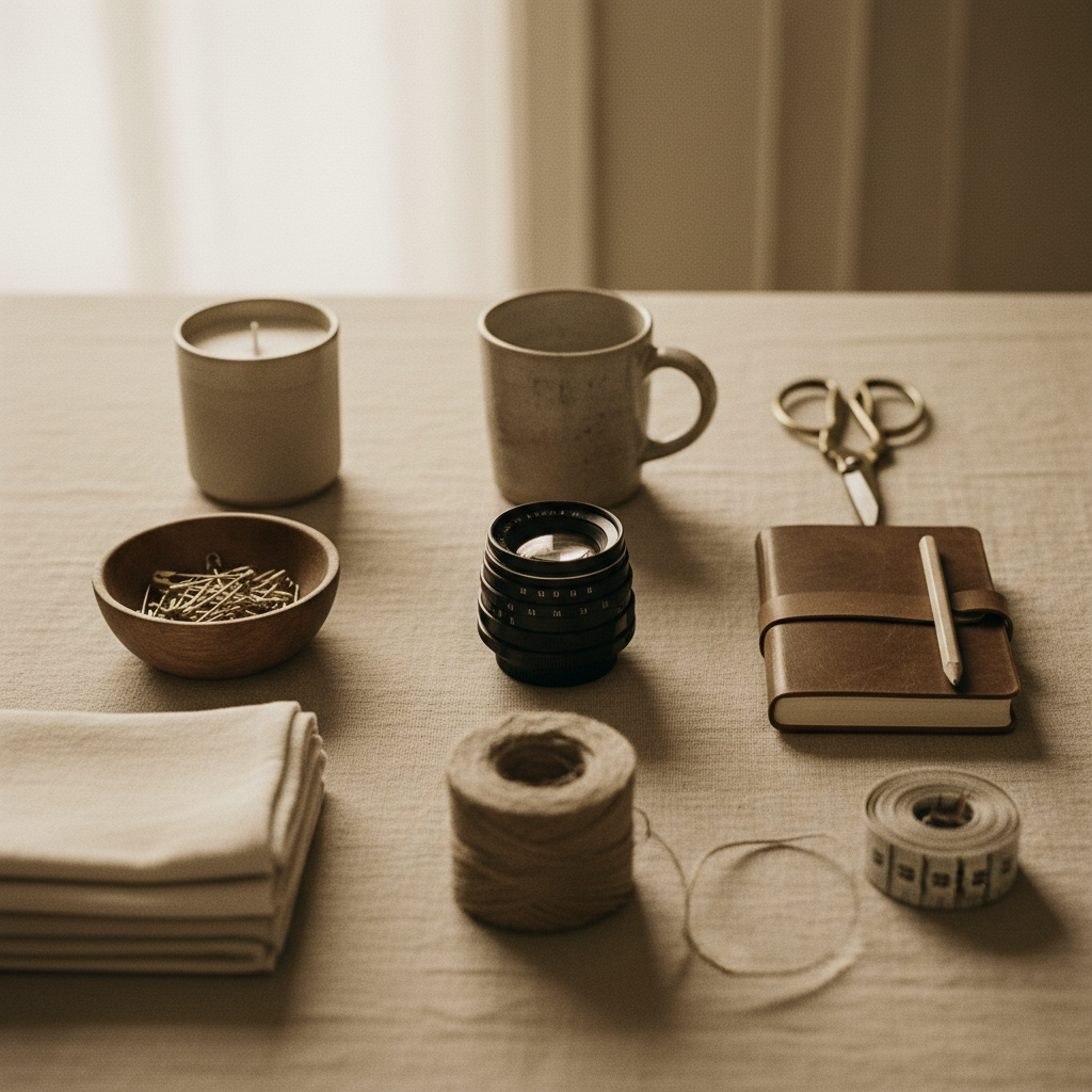 Small items like hardware and hand tools are best managed through simple, visible categorization. Assorted everyday essentials and work tools arranged by category on a neutral surface.