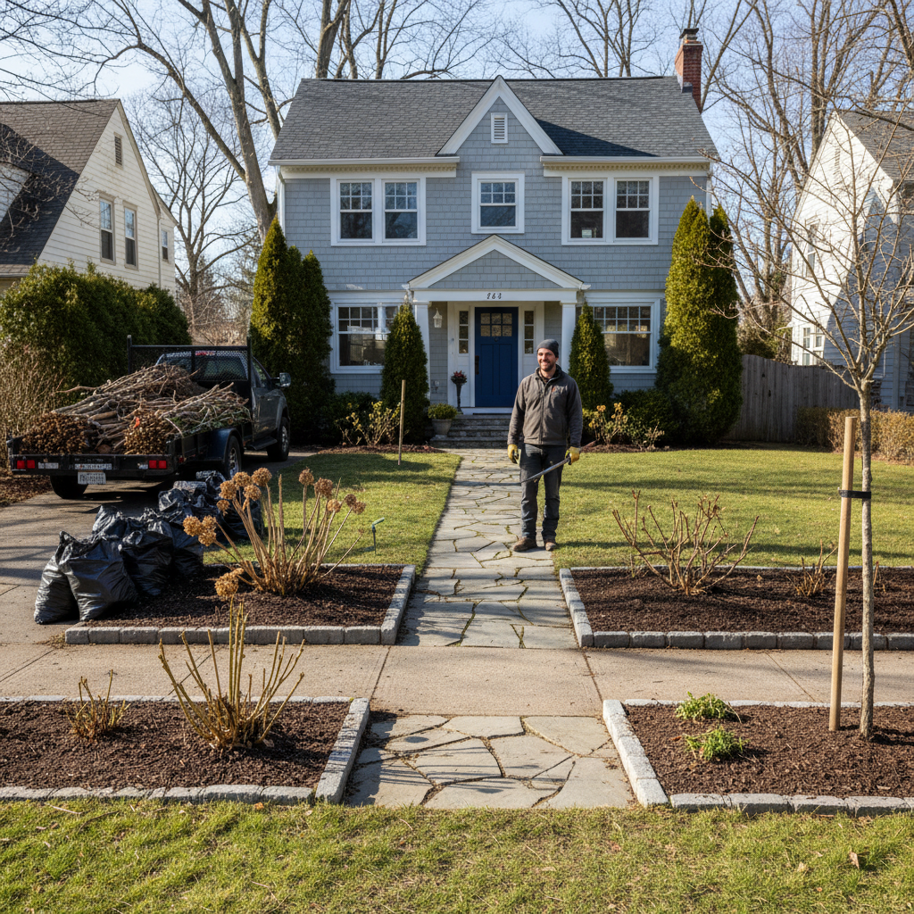 A well-maintained landscape is more resilient to Utah's harsh high-desert winters. A clean, organized residential yard in Utah after a professional seasonal cleanup service.