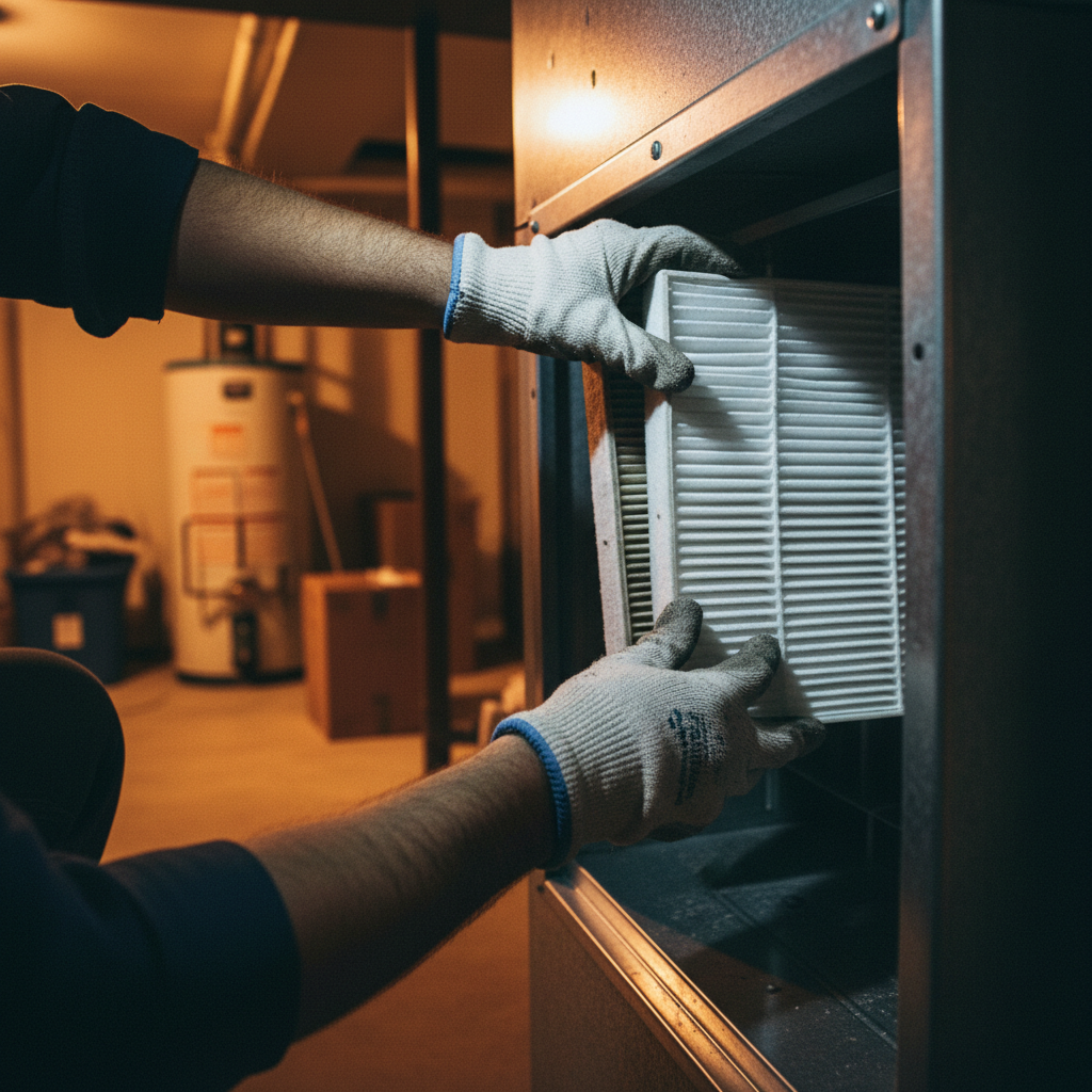 In Utah's dusty climate, regular filter changes are essential to prevent system strain and maintain efficiency. A technician replacing a dirty air filter in a residential furnace to improve airflow and system health.