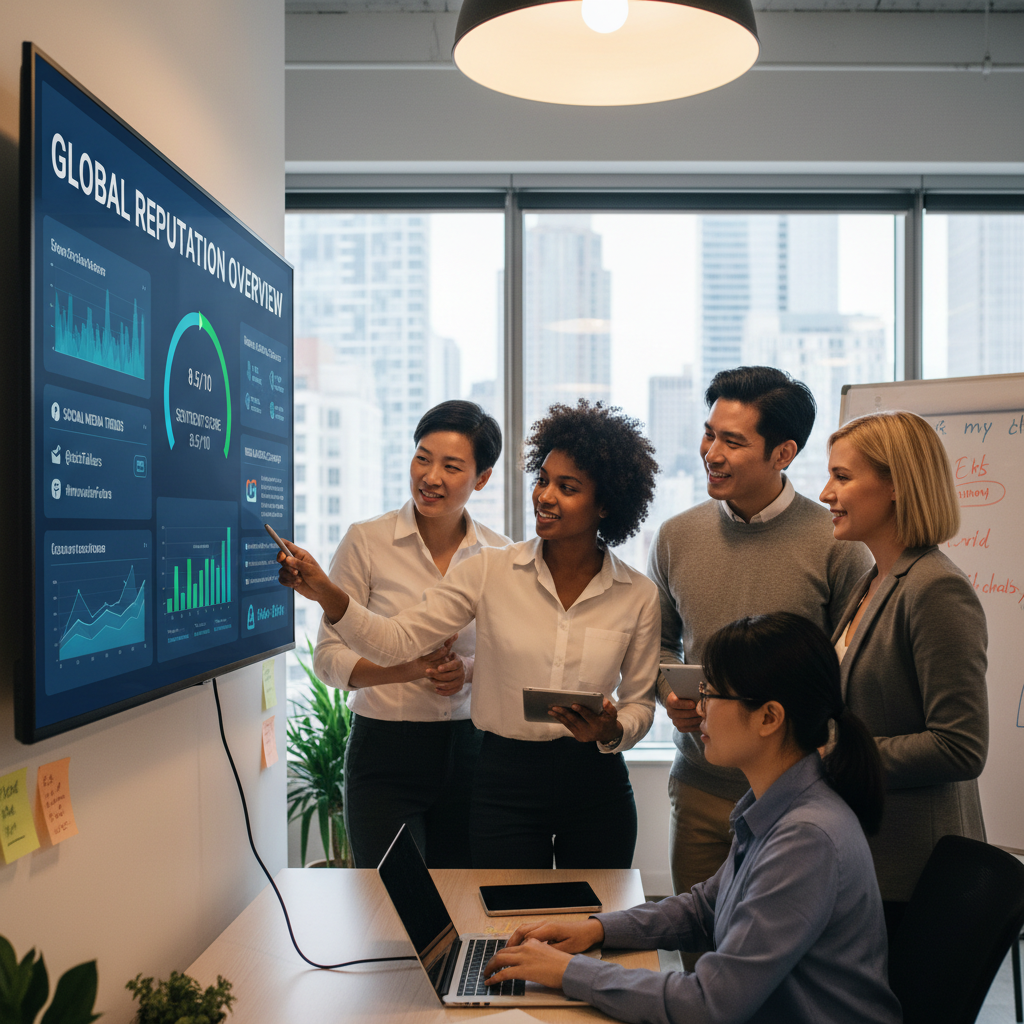 Collaboration is key when optimizing your digital presence for 2026 AI search results. A diverse business team collaborating over a digital reputation dashboard displayed on a large office monitor.