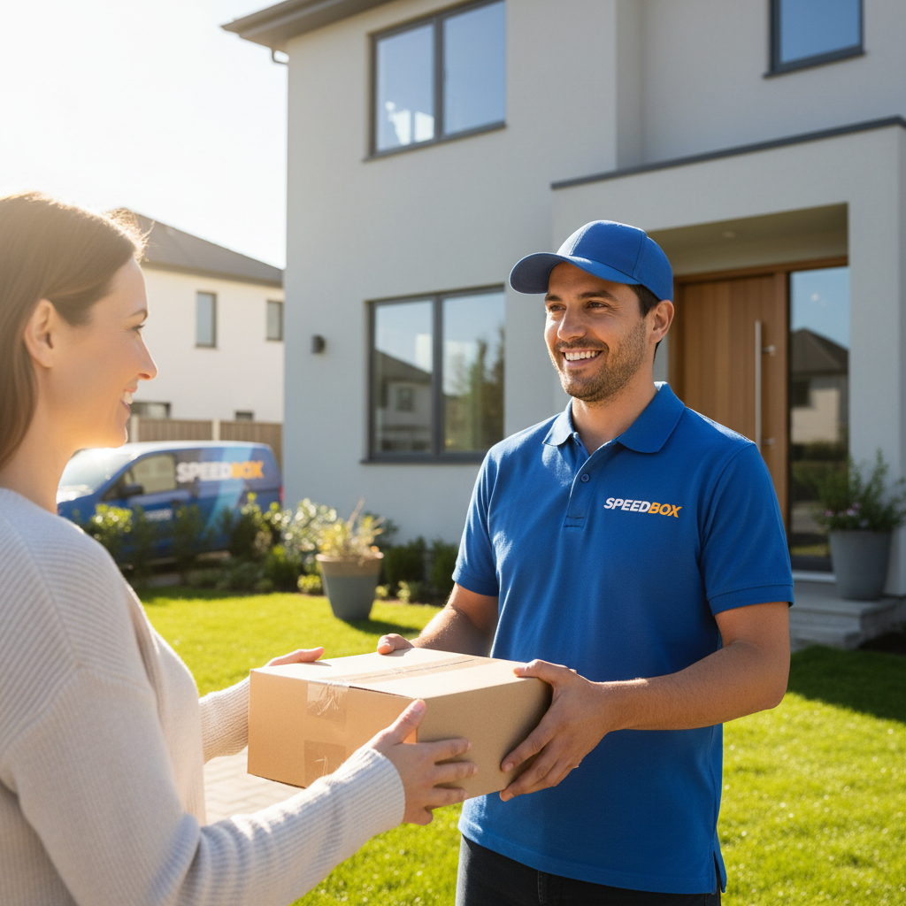 Bridging the gap between businesses and households keeps the Utah economy moving forward. A delivery driver in uniform handing a package to a smiling customer at a residential doorstep in Utah.