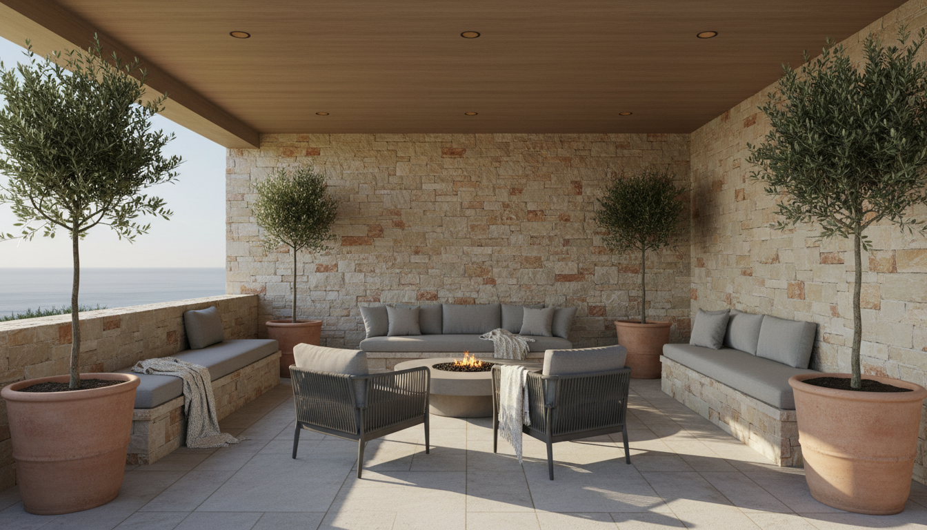 Stacked stone sitting walls offer both structural support and additional seating for outdoor gatherings. A sitting wall made of stacked ledgestone on a covered patio with desert greenery and modern lighting.