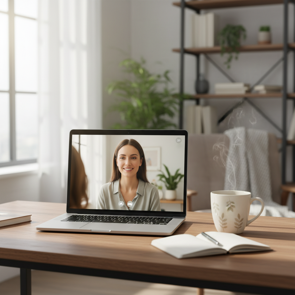 A quiet corner and a warm drink can help you settle before your session begins. Laptop on a desk showing an online therapy video call with a warm cup of tea beside it