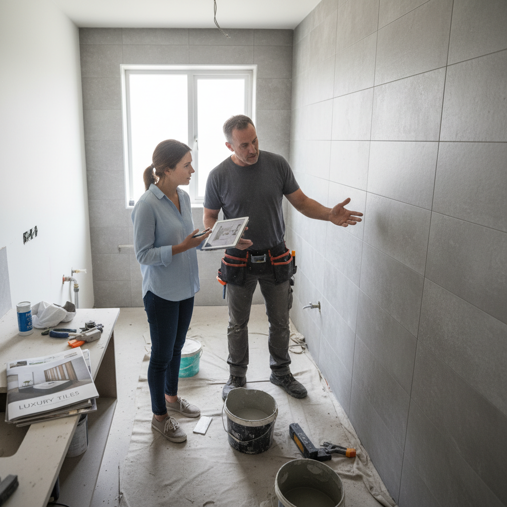 Planning your remodel involves choosing the right materials to pair with your heating system. Inland Bath and Kitchen contractor discussing tile options and floor heating plans with a Tri-Cities homeowner.