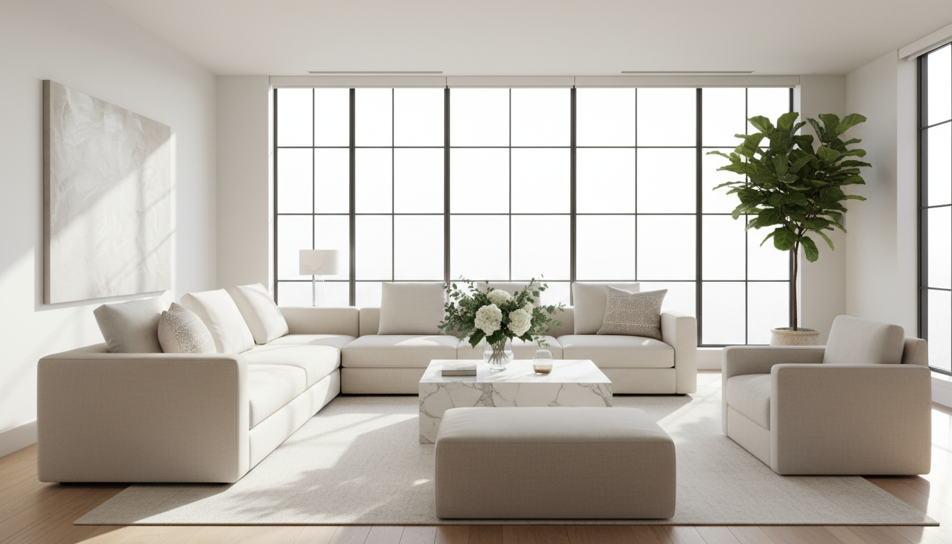 Floor to ceiling windows are essential for capturing the panoramic views that define Medellin luxury real estate. A bright, modern living room with neutral tones and massive windows capturing natural light.