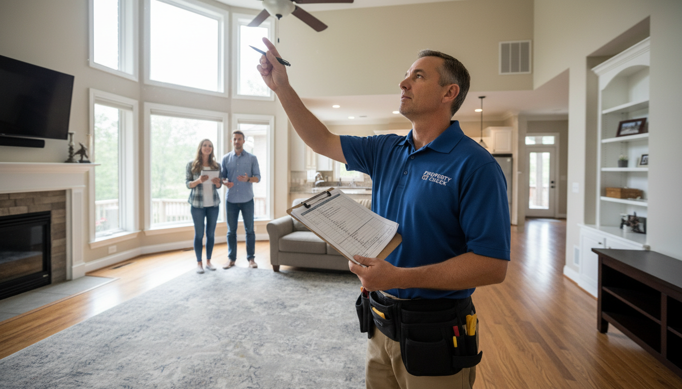 Professional inspections identify issues like slow leaks or HVAC failures that cleaning crews often overlook. A professional property inspector using a clipboard to conduct a detailed interior walkthrough of a luxury home.