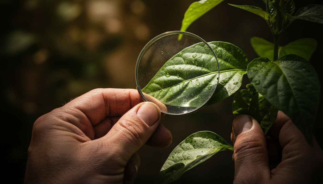 Professional diagnostic tools are essential for identifying technical plant pathologies before they spread. A close up view of a horticulturist using a magnifying loupe to examine a plant leaf under bright flash.