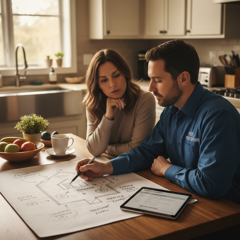 Customized treatment planning ensures your specific home environment is protected all year long. A pest control technician sitting at a kitchen table reviewing a treatment plan and property diagram with a homeowner.