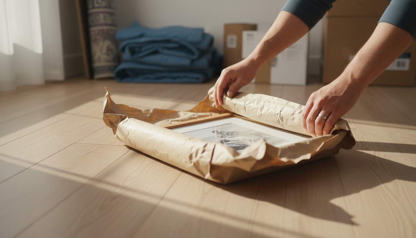 Properly wrapping fragile items ensures they survive the vibrations of a long haul. Hands carefully wrapping a framed photo in protective paper for a long distance move