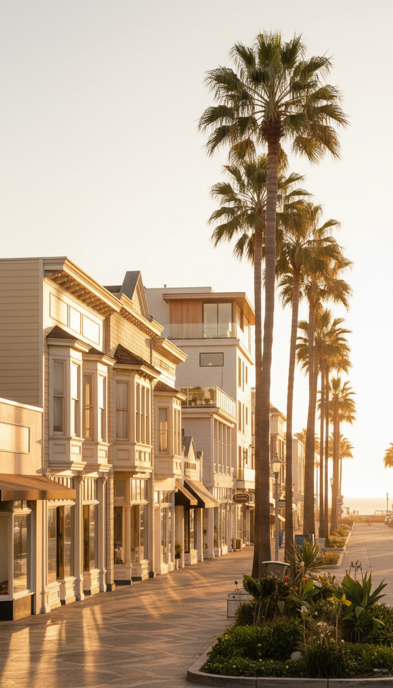 Navigating the unique landscape of Orange County requires a driver who understands the local pace and environment. Golden hour sunlight over a coastal California town street with palm trees and clean boulevards.