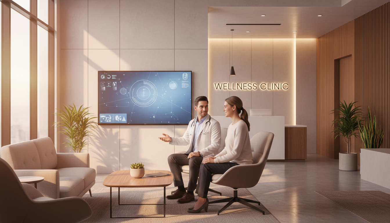 DPC patients spend more time with their doctor, not less. Doctor and patient having a relaxed, engaged conversation in a modern medical office with warm lighting
