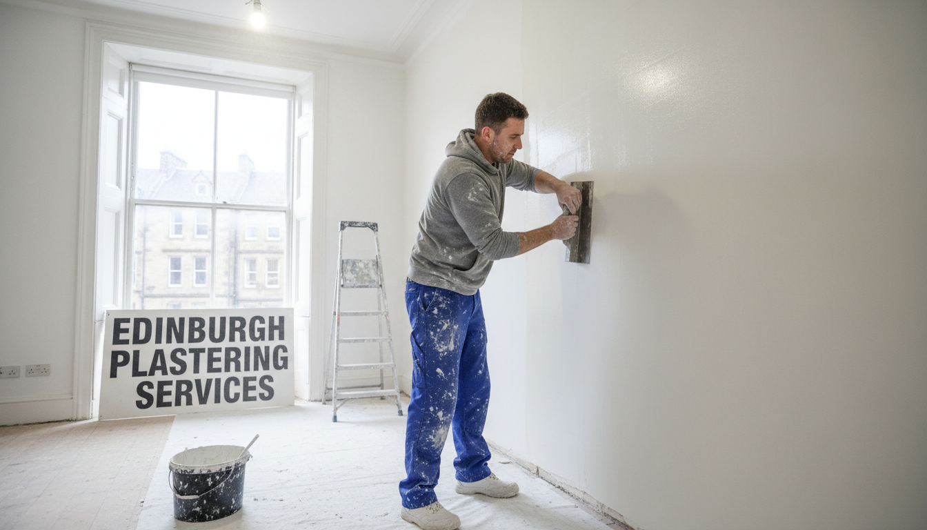 Replastering involves more equipment and time but ensures a long-lasting foundation for your home. A professional plasterer working in a bright Edinburgh room smoothing wet plaster on an interior wall.
