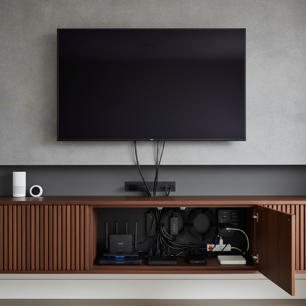 Modern luxury kitchens prioritize hidden technology and smart home integration over passing aesthetic trends. Complex smart home wiring and networking equipment neatly organized behind a custom kitchen media cabinet.