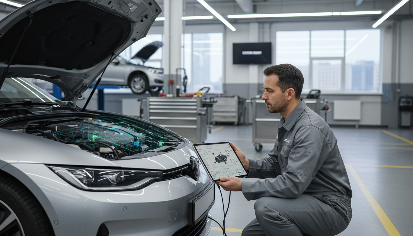 Modern diagnostics help identify hydraulic and sensor-related brake issues quickly. A professional mechanic using a digital tablet to run vehicle diagnostics and check for brake system codes.