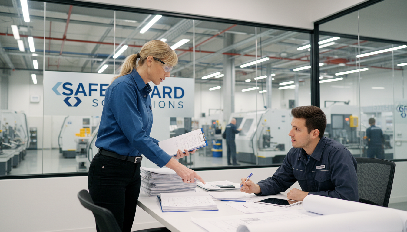 Consulting with an expert ensures your General Duty Clause compliance is defensible. Professional safety consultant reviewing documents with a clipboard in a bright industrial office setting.