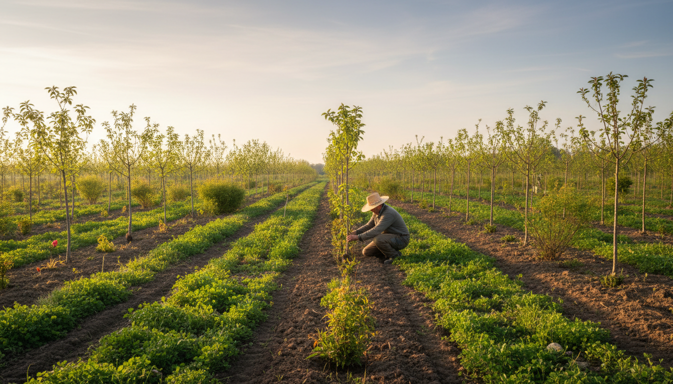 Local agroforestry initiatives in Centre-Val de Loire are rebuilding soil resilience and regional biodiversity. Agroforestry plot in Châteaudun with young trees and a figure inspecting a sapling in the morning light.