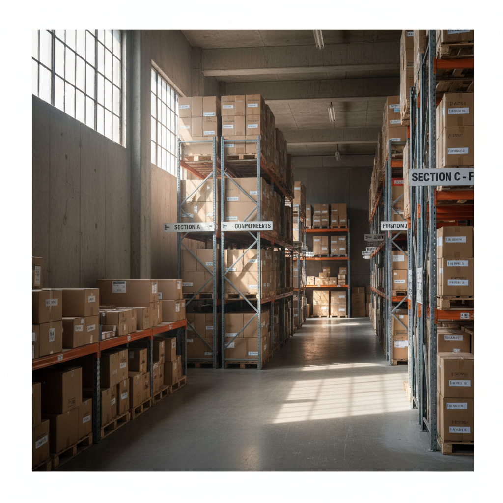 Utilizing vertical space with shelving is key for efficient business inventory management. Wide shot of organized business inventory stacked efficiently on metal shelving units inside a storage space.