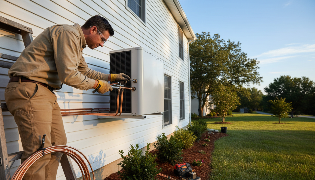 Whether maintaining your current unit or installing a new one, professional care ensures maximum longevity. Technician installing a modern, high efficiency air conditioning unit on the exterior of a home.