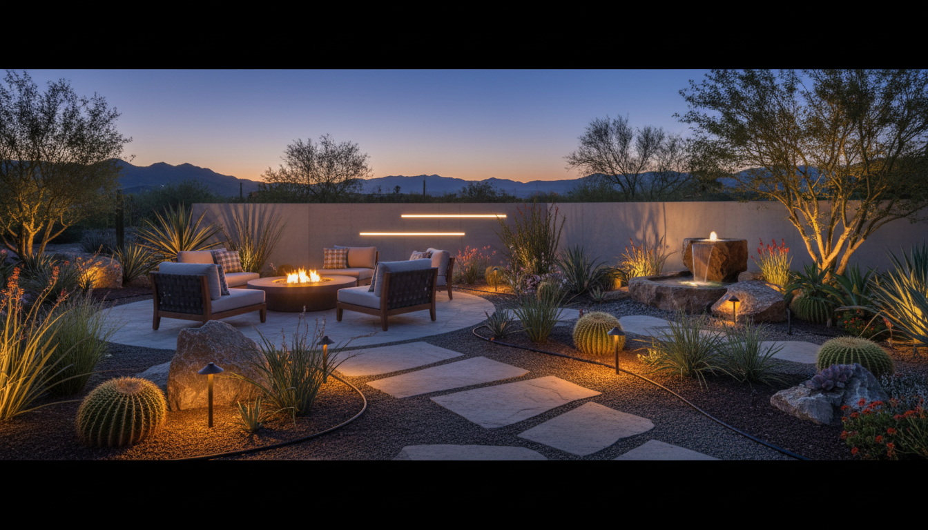 A complete pool deck transformation includes integrated lighting and water-efficient irrigation planning. Modern outdoor space with warm low-voltage landscape lighting integrated around a stone walkway and pool area.