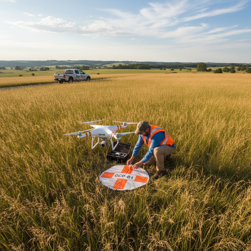 الدمج بين تقنية RTK ونقاط التحكم الأرضية لضمان أعلى دقة في أقل وقت مساح يقوم بوضع نقطة تحكم أرضية بالتزامن مع استخدام الدرون لضمان دقة وسرعة الرفع المساحي