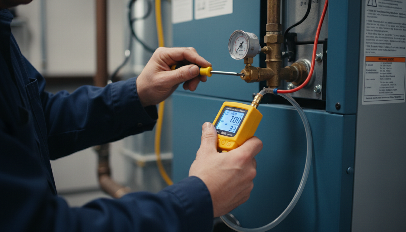 Precise pressure testing is a critical step in a TSSA certified safety inspection. A technician uses a digital manometer to precisely measure gas pressure during a professional service call.